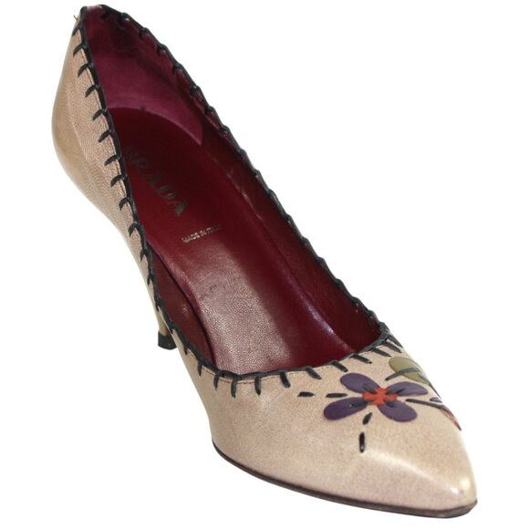 Prada Vintage Floral Appliqué Taupe Purple Detailing Slip-On Heel Size 37 (US 6) - Picture 2 of 12
